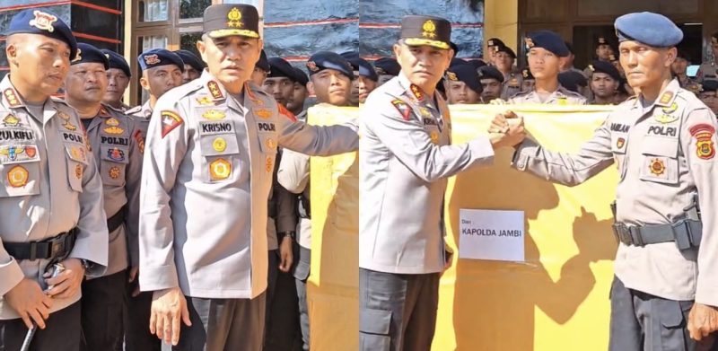 Kapolda Jambi Irjen Pol Krisno H Siregar didampingi Dansat Brimob Kombes Pol Zulkifli Ismail saat menyambangi Kompi 3 Batalyon A Pelopor, Betara Tanjabbar, Selasa (06/5/2025) dan memberikan sarana olahraga untuk personel.